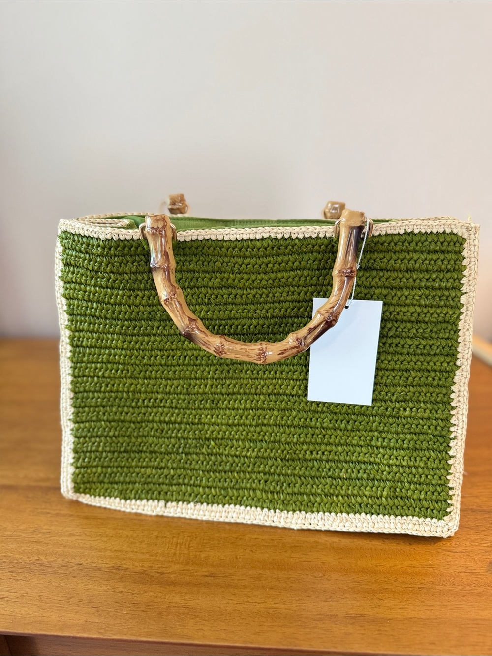 Baldiz Piper Bamboo Bag Olive Green Hay Raffia Tote NWT Retail $245 - Picture 2 of 10